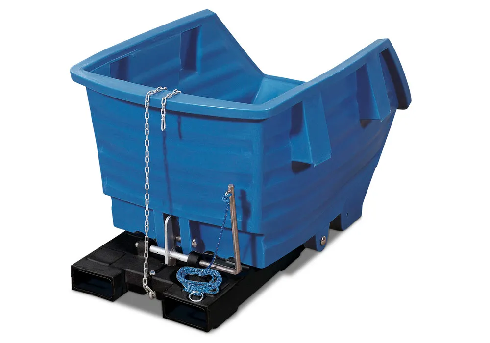 Chariot benne basculant en polyéthylène (PE), avec fourreaux, 750 litres, bleu