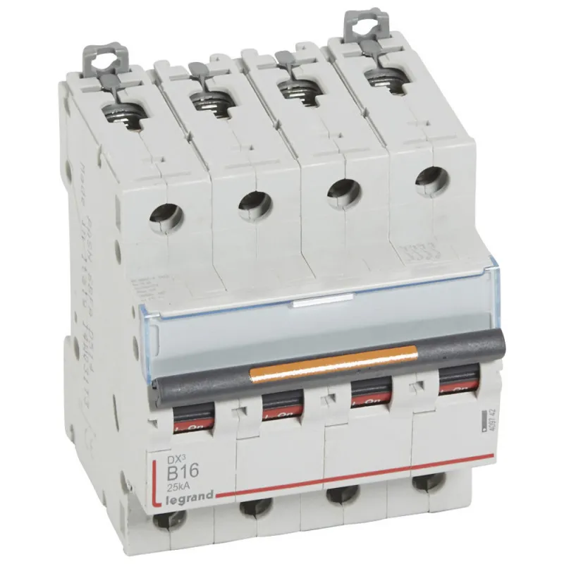 Disjoncteur DX 25kA arrivée haute et départ bas à vis 4P 400V~ 16A courbe B 4 modules (409742)