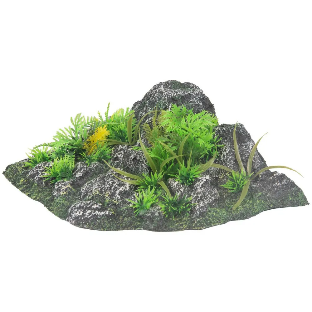 Décoration angle, roche + plante, 23 x 22 x 8,5 cm, aquarium.