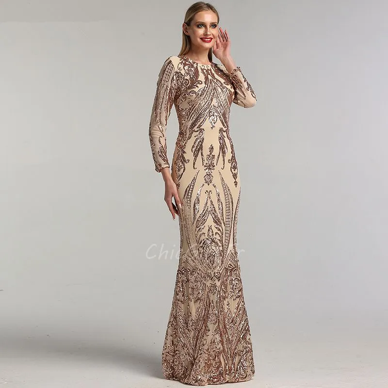 Robe De Soirée Brillante Rose Gold Manche Longue Col Montant Avec Traine Amovible