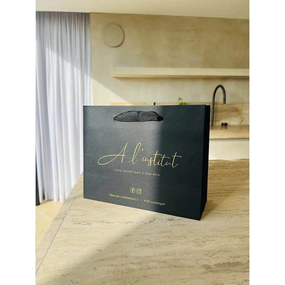 Sac papier luxe noir s (25x10x20cm) 9. Ruban doré dorure argent